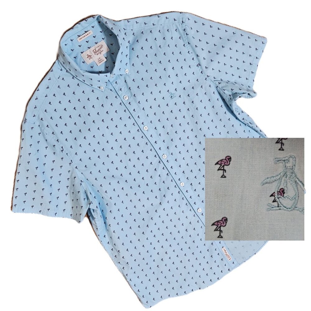 Original Penguin Mens Short Sleeve Button Down Shirt 🦩Flamingo 🦩 Print  Size L